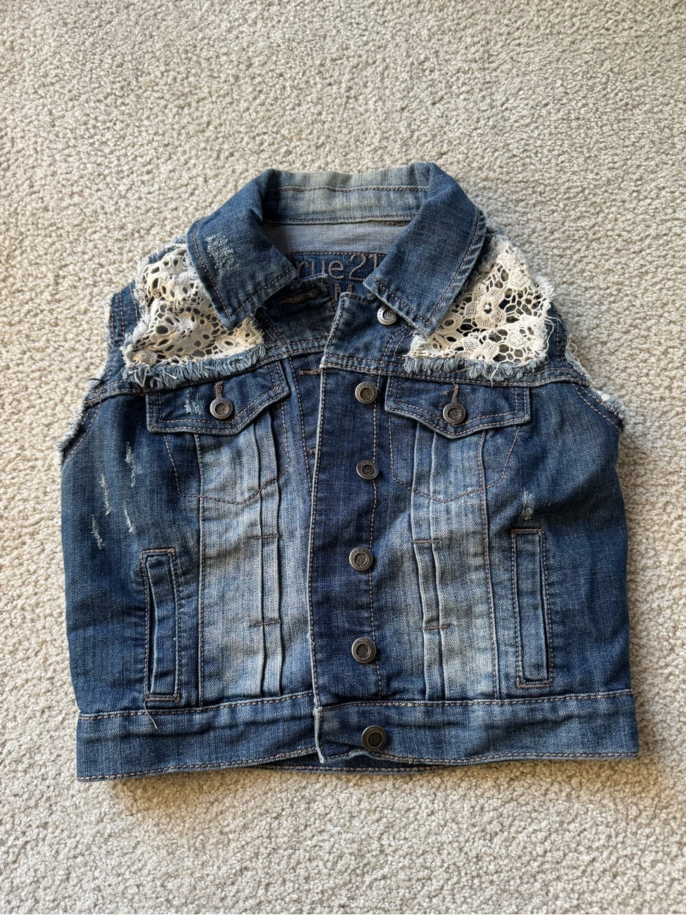 Rue21 Dark Blue Denim Vest with Cream Lace Shoulders y2k sexy